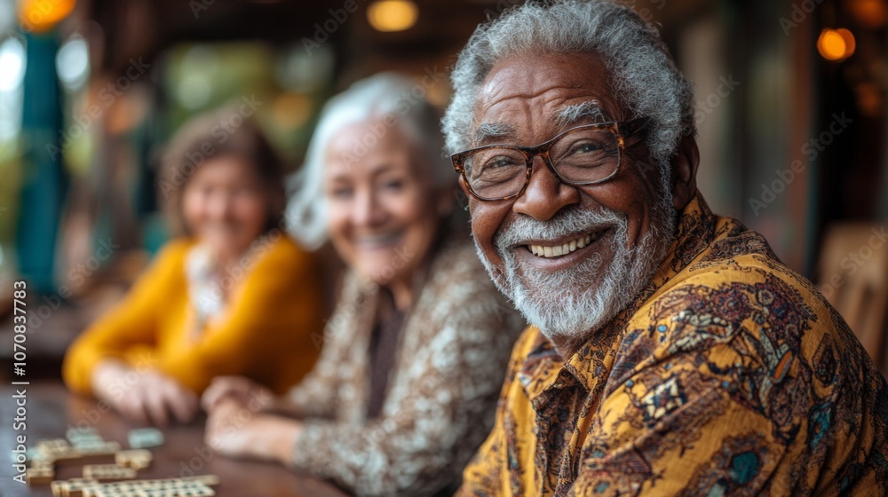 A group of seniors enjoys an afternoon at a cafe, playing games and sharing laughter. The warm ambiance highlights their friendship and joy.