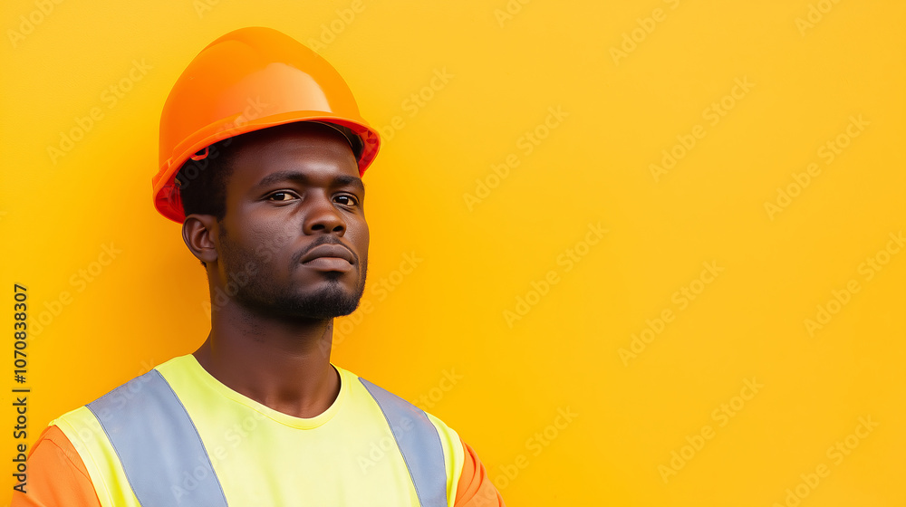 Studio shot of young african american construction worker wearing an orange helmet and high-visibility vest on a vibrant yellow backdrop Studio shot of young african american construction worker wearing an orange helmet and high-visibility vest on a vibrant yellow backdrop