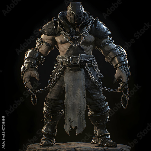 A muscular, heavily armored warrior stands in a menacing pose with chains and a tattered cloth draped around his waist. photo