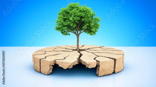 Green Tree Growing on Cracked Earth Symbol of Hope Climate Change Sustainability Environment