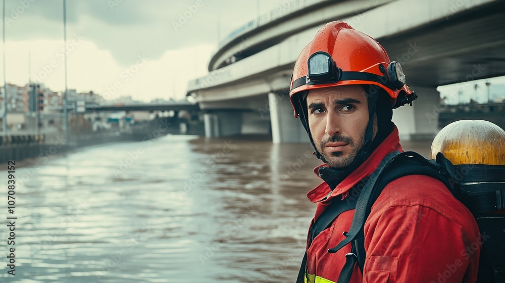 A rescue worker in protective gear surveys the flooded area next to a highway, displaying concern as he prepares for emergency operations during adverse weather conditions A rescue worker in protective gear surveys the flooded area next to a highway, displaying concern as he prepares for emergency operations during adverse weather conditions