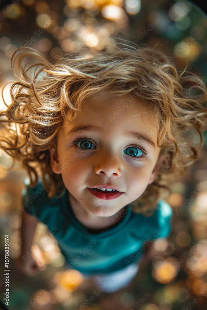 A little girl with curly hair looking up at the camera A little girl with curly hair looking up at the camera