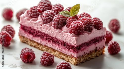 Luxurious Raspberry Mousse Cake on a White Background