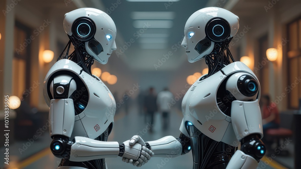Two robots raise their hands to each other. Concept of the future Two robots raise their hands to each other. Concept of the future