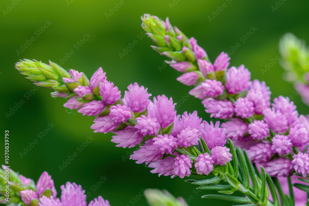 National Heather Day. A highly detailed macro shot capturing the intricate texture of vibrant pink heather flowers with a lush green background, highlighting natural beauty and botanical precision.
