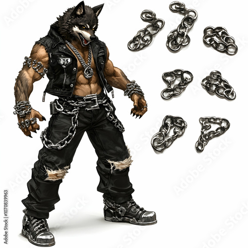 A muscular werewolf wearing black leather and chains with a wolf-like head and a necklace.  The werewolf stands with his arms outstretched. There are also nine different chain links. photo