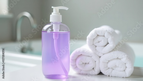 A bottle of liquid soap and white terry towels. Photo for a spa center photo