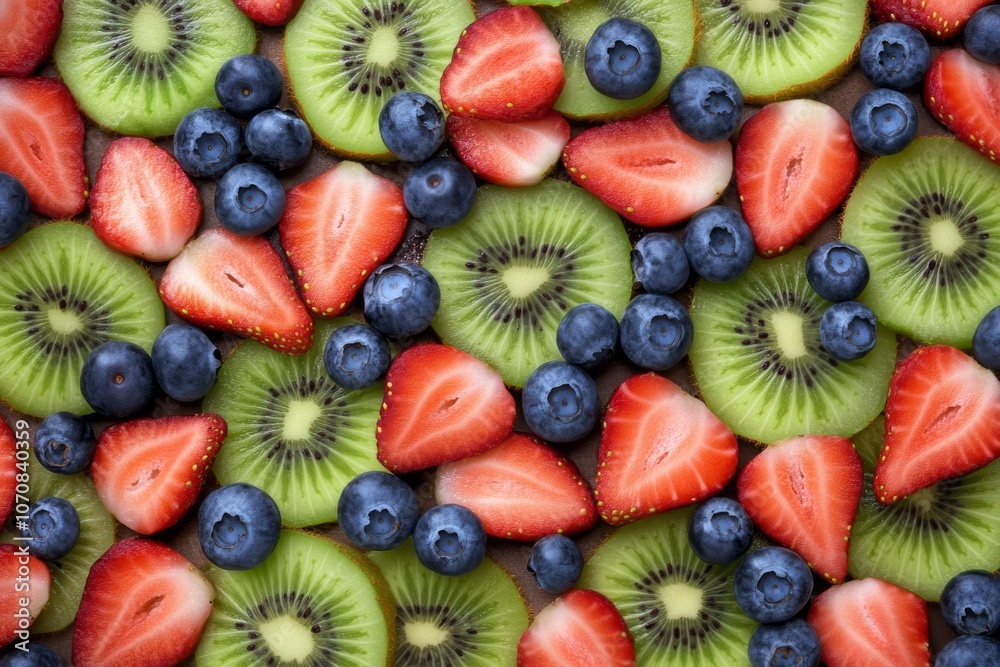 Close-Up of Fresh Fruits: Strawberries and Blueberries on Kiwi Slices Close-Up of Fresh Fruits: Strawberries and Blueberries on Kiwi Slices