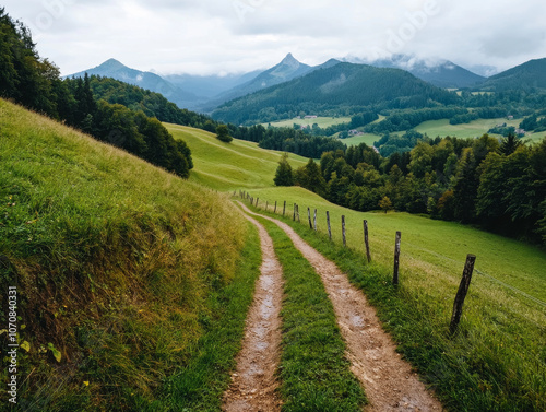 A scenic hiking trail in the Jura Mountains, with rolling hills, dense forests, and distant mountain peaks.