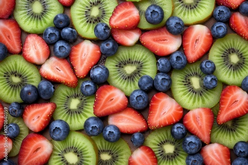 Close-Up of Fresh Fruits: Strawberries and Blueberries on Kiwi Slices