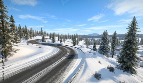 Aerial View of Snow-Covered Forest with Winding Asphalt Road at Sunset