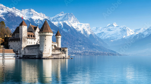 A scenic shot of the medieval Chillon Castle on the shores of Lake Geneva, with snow-capped mountains in the background.