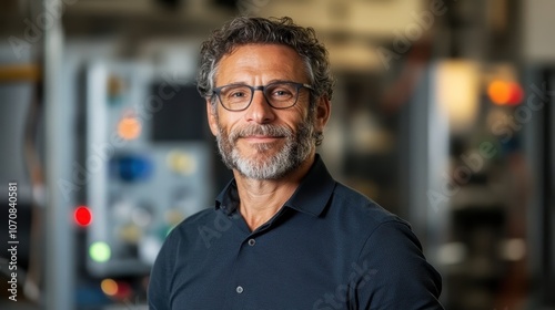 A man with short gray hair and a beard is pictured wearing a dark shirt, standing confidently in an industrial environment, conveying leadership and expertise.