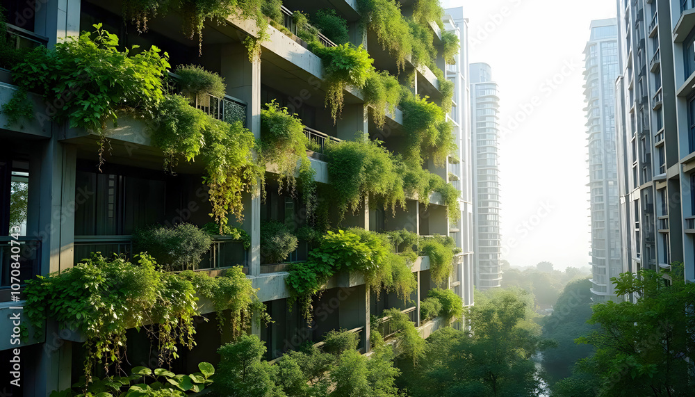 A tall skyscraper in a city, covered with lush green vegetation, blending modern architecture with nature, showcasing vertical gardens and eco-friendly design A tall skyscraper in a city, covered with lush green vegetation, blending modern architecture with nature, showcasing vertical gardens and eco-friendly design