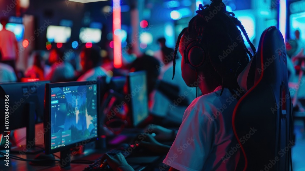 Gamer with Headphones in a Cyber Cafe Gamer with Headphones in a Cyber Cafe