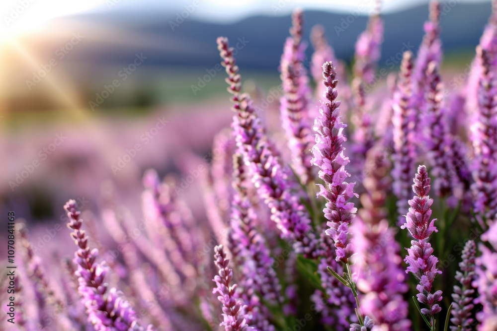 National Heather Day. A picturesque view of blooming lavender in a field, softly illuminated by morning sunlight, capturing the essence of tranquility and natural beauty.

