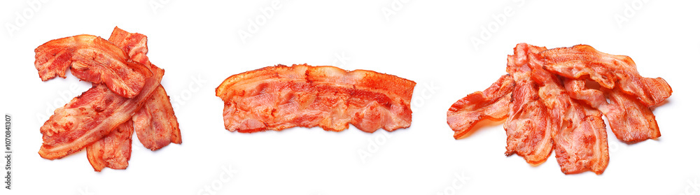 Set of tasty fried bacon rashers on white background Set of tasty fried bacon rashers on white background