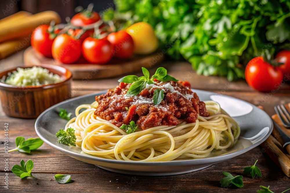 Elegant Presentation of Spaghetti Bolognese with Fresh Parmesan and a Crisp Green Salad in a Cozy, Low Light Setting Elegant Presentation of Spaghetti Bolognese with Fresh Parmesan and a Crisp Green Salad in a Cozy, Low Light Setting