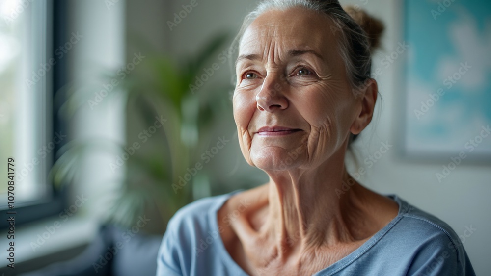 Fototapeta premium Smiling Elderly Woman in Sunlit Room with Peaceful Expression