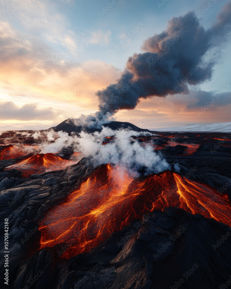 Fototapeta premium The Reykjanes Peninsula, with its rugged lava fields, hot springs, and distant geothermal steam rising into the sky.