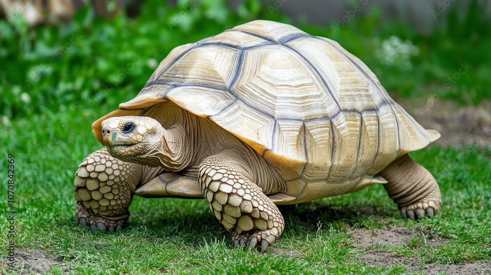Obraz premium Tortoise on Volcanic Terrain with Sparse Vegetation