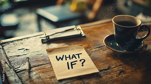 A sticky note reading 'What If?' is positioned near a cup of coffee, suggesting reflection on hypothetical scenarios amidst everyday surroundings.
