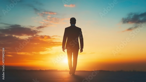 A silhouetted figure in a suit walks towards a vibrant sunset, symbolizing ambition and hope.