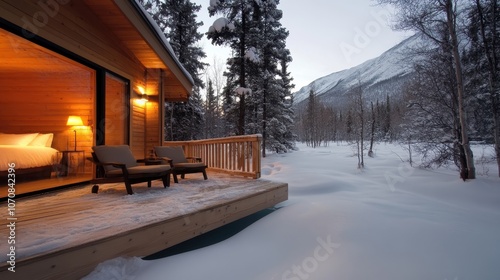 A cozy wooden cabin on a snowy landscape surrounded by serene winter forest, symbolizing peace, retreat and a warm escape amid nature's white embrace. photo