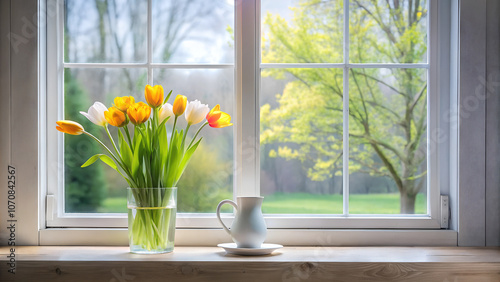Bouquets of flowers on a sunny spring day on the windowsill on the windows.