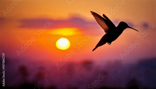 Silhouette of a hummingbird at sunset, the sun low on the horizon and the sky awash with war