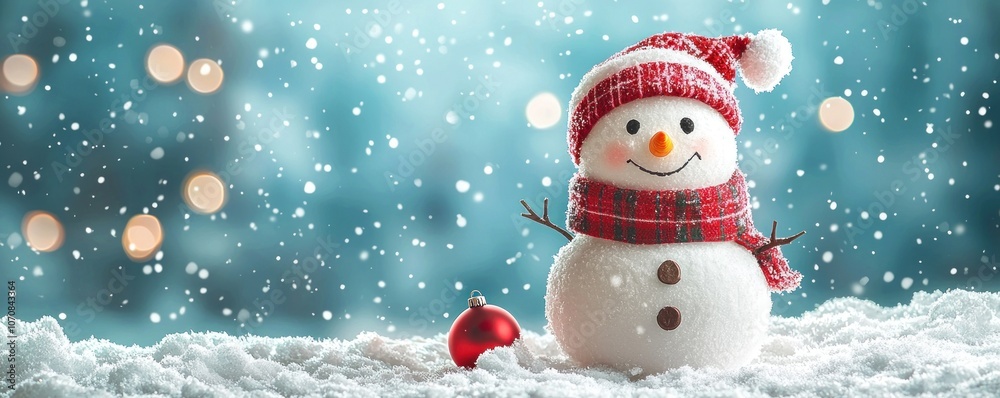 Cheerful Snowman in Winter Wonderland with Red Ornament Cheerful Snowman in Winter Wonderland with Red Ornament