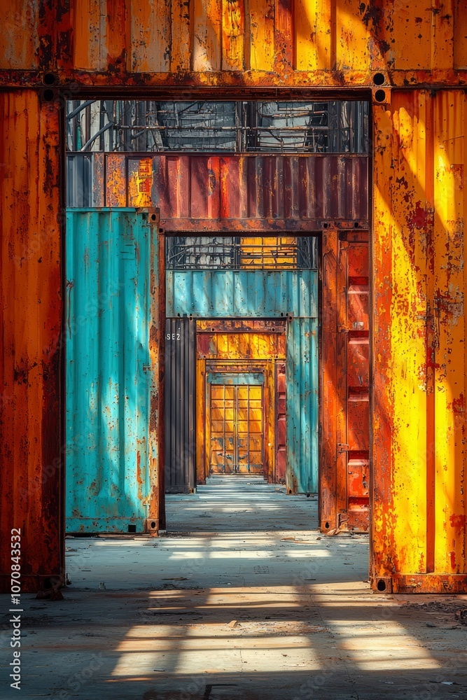 Fototapeta premium Rusty Metal Shipping Containers Forming a Hallway