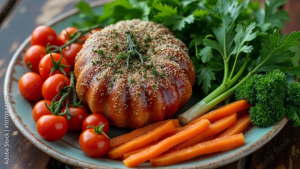 Delicious Vegan Roast with Fresh Vegetables on Rustic Plate Delicious Vegan Roast with Fresh Vegetables on Rustic Plate