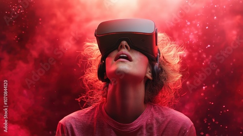 A woman deeply engaged in a virtual world while wearing a VR headset, enveloped in a dramatic red atmosphere, reflecting passion and dynamic experiences. photo