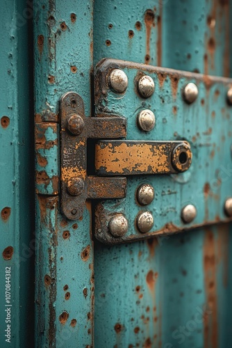 Rusty Metal Hinge Detail with Rivets and Peeling Paint