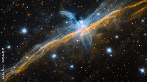 Cosmic Thread in Deep Space with Nebula and Stars