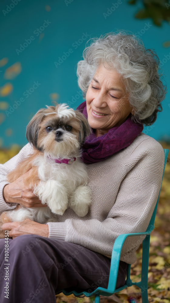 An elderly woman of Hispanic descent lovingly holds her small dog while seated in a park, surrounded by autumn leaves and vibrant colors. An elderly woman of Hispanic descent lovingly holds her small dog while seated in a park, surrounded by autumn leaves and vibrant colors.