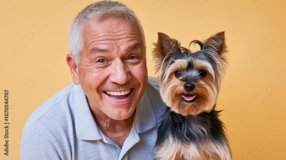 Smiling Caucasian man with silver hair joyfully poses with his Yorkshire Terrier against a bright yellow background, showcasing their bond and happiness. Smiling Caucasian man with silver hair joyfully poses with his Yorkshire Terrier against a bright yellow background, showcasing their bond and happiness.