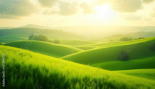 Rolling green hills and valleys, creating a peaceful and serene landscape, with vibrant greenery under a clear sky.