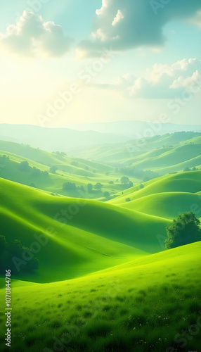 Rolling green hills and valleys, creating a peaceful and serene landscape, with vibrant greenery under a clear sky.