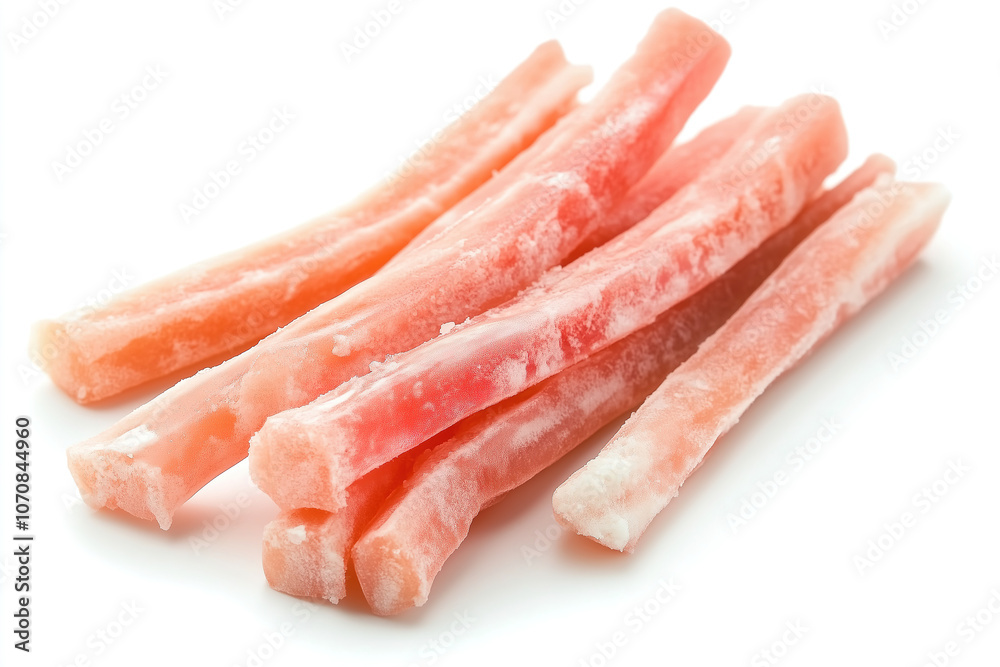 Frozen strips of fish meat prepared for sushi, ready for slicing and serving in a Japanese kitchen setting. Generative AI Frozen strips of fish meat prepared for sushi, ready for slicing and serving in a Japanese kitchen setting. Generative AI