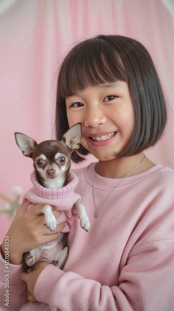 A young Asian girl joyfully holds her Chihuahua in a cozy setting, both adorned in pastel pink. The atmosphere is warm and affectionate. A young Asian girl joyfully holds her Chihuahua in a cozy setting, both adorned in pastel pink. The atmosphere is warm and affectionate.