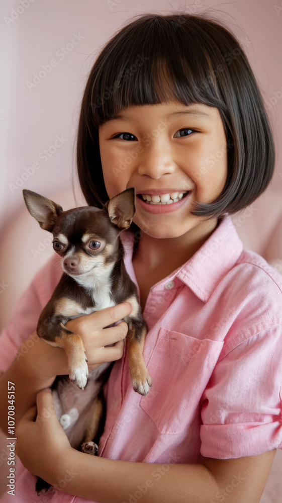 A cheerful Asian girl, around 7 years old, smiles widely while holding a small Chihuahua, showcasing their bond in a bright, pastel setting. A cheerful Asian girl, around 7 years old, smiles widely while holding a small Chihuahua, showcasing their bond in a bright, pastel setting.