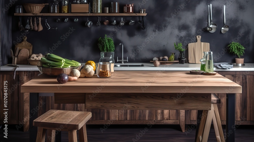 Modern Kitchen with Fresh Vegetables on Wooden Table Modern Kitchen with Fresh Vegetables on Wooden Table