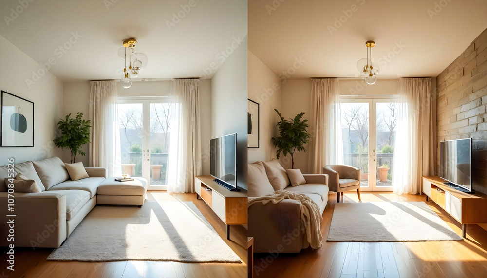 Fototapeta premium Two rooms shown side by side, before and after renovation, highlighting the transformation and improvements made during the remodeling process.
