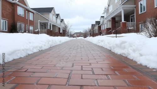 Brick Walkway with Snow on Both Sides in Winter