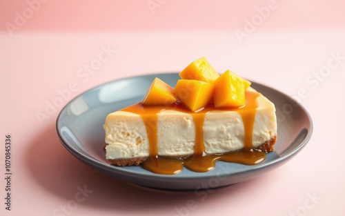 A slice of cheesecake topped with mango and caramel sauce sits on a gray plate