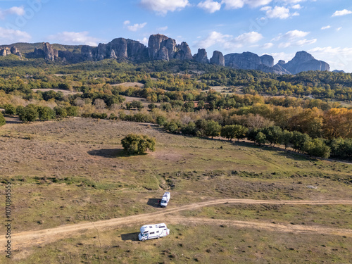 Aerial drone photo of the famous Meteora rocks in Greece.