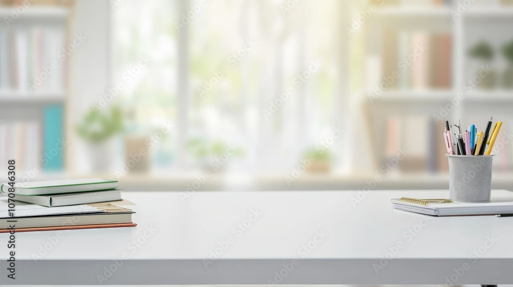 white table with books, stationery and copy space in blurred study room