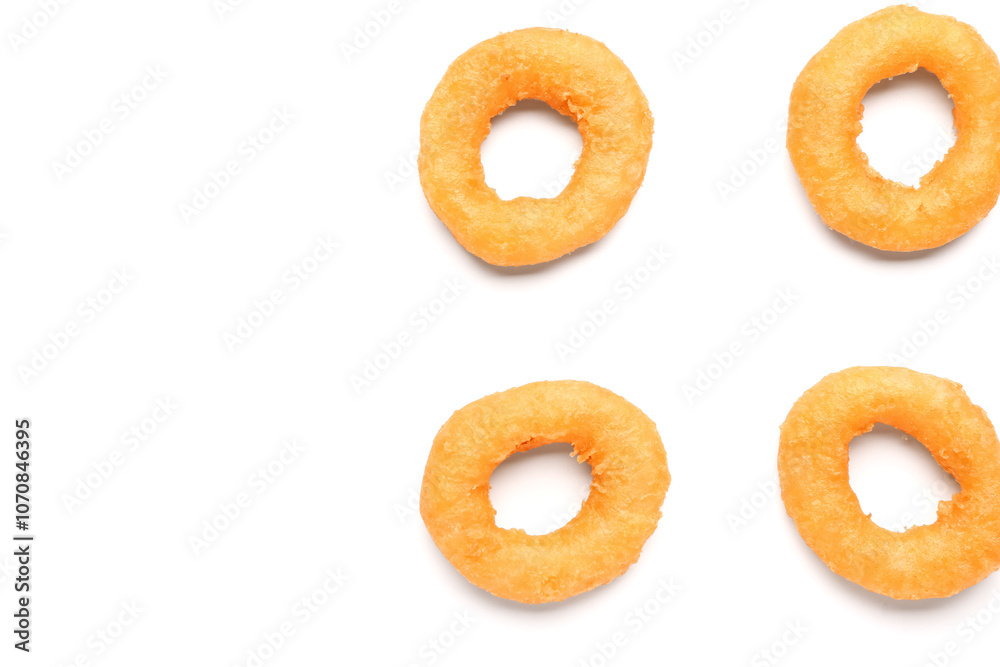 Fried breaded onion rings on white background Fried breaded onion rings on white background